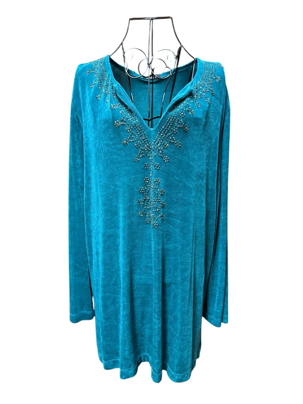 Vikki Vi Teal Embellished V-Neck Long Sleeve Tunic 1X